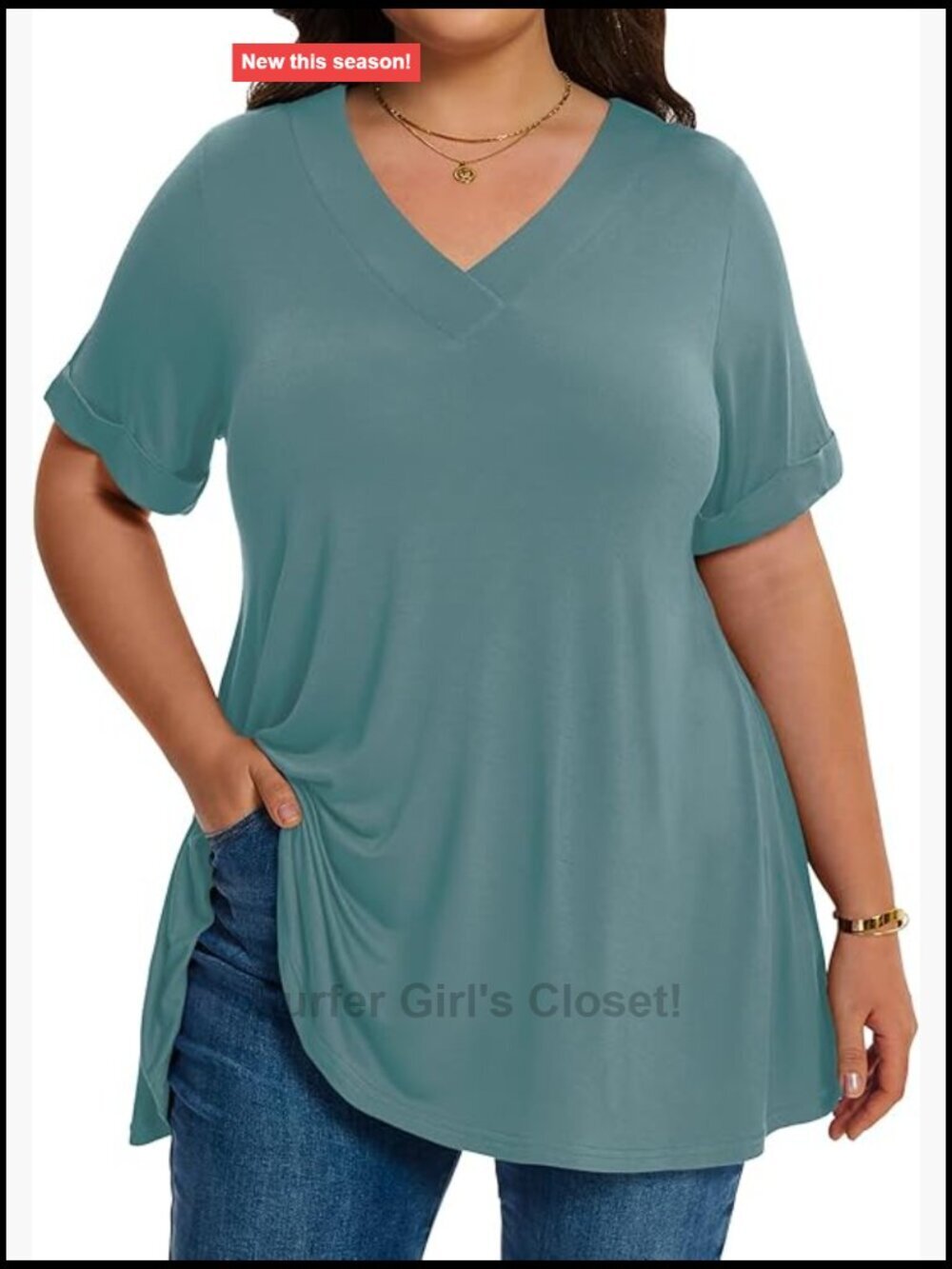 Plus Size Cuffed Short Sleeve V-Neck Tunic Top to Wear with Leggings